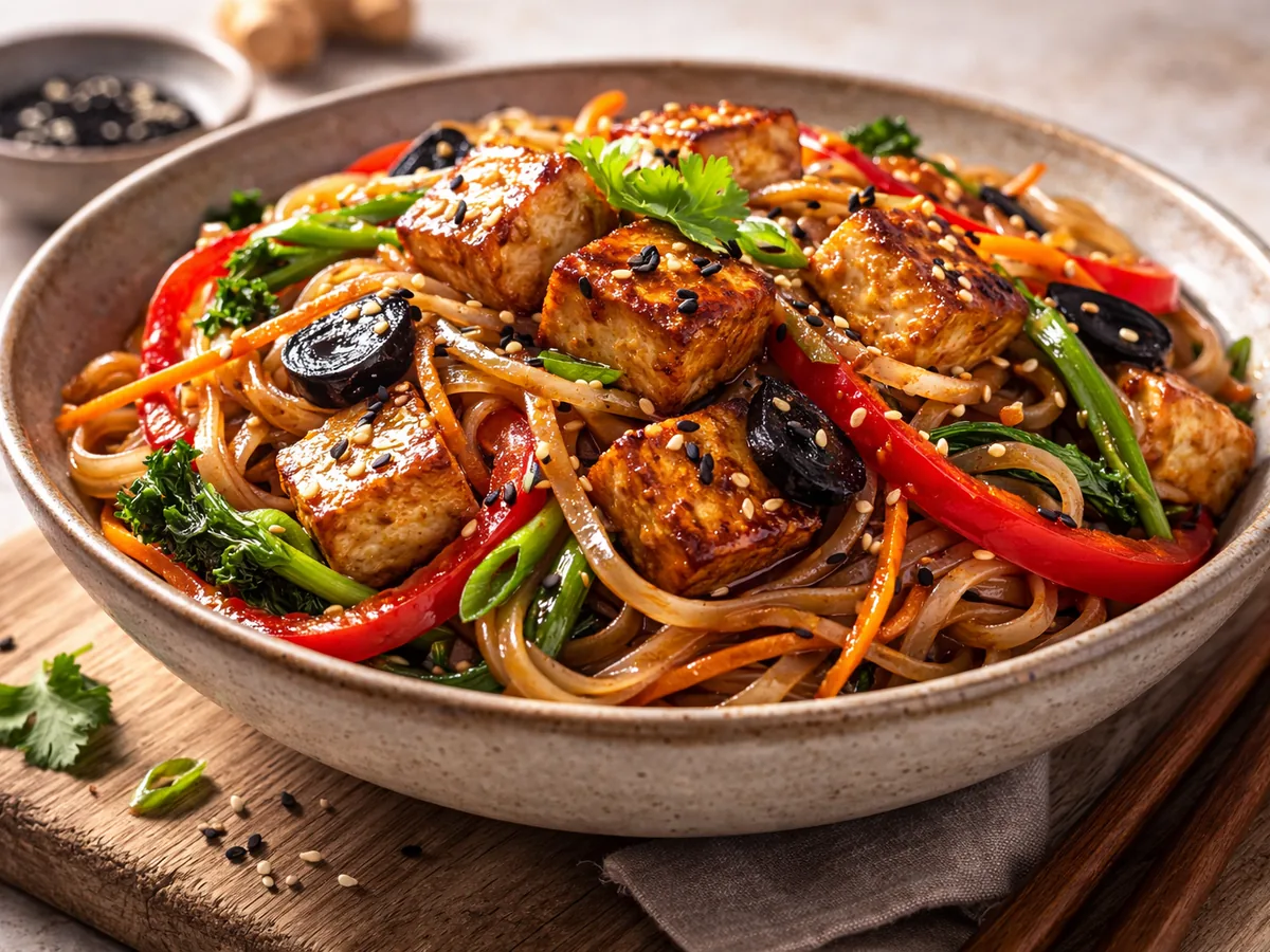 Wok de nouilles sautées au tofu et ail noir